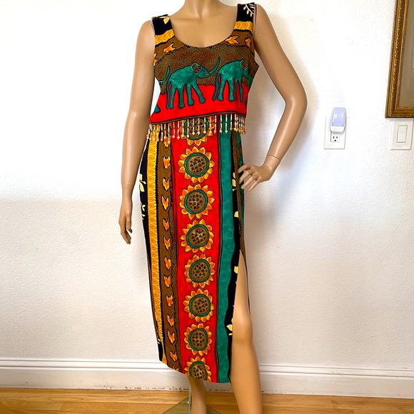 Dresses Vintage Just Choon Rayon Colorful Elephant Wooden Bead Maxi